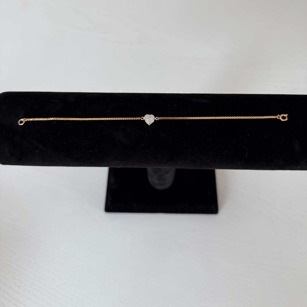 Vintage 14KT Gold Silver and Diamond Heart Bracelet, 6 1/2" - Picture 3 of 16